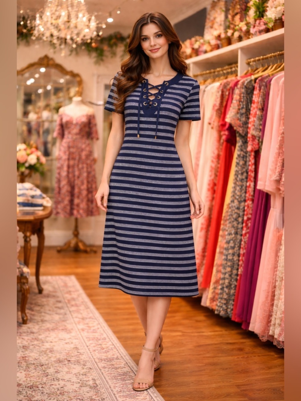 MICHAEL Michael Kors Mesh -Inset Striped Lace - Up Midi Dress NWT